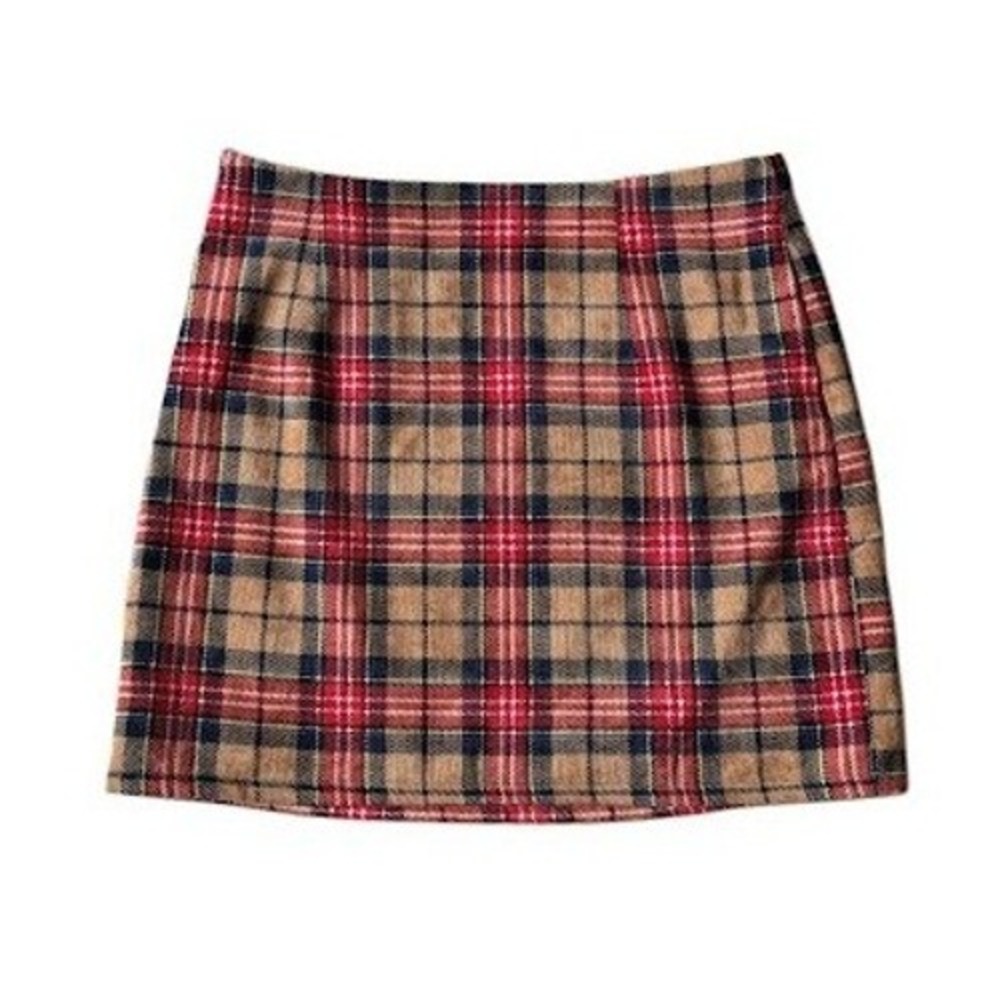 Womens Plaid Mini Skirt Tan Red Navy Blue Tartan Size M Preppy Dark Academia